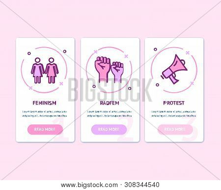 Feminism App Screens Web Banners Cards Set. Vector