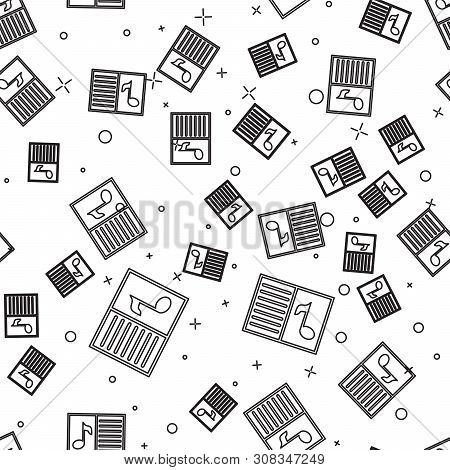 Black Music Book With Note Icon Isolated Seamless Pattern On White Background. Music Sheet With Note
