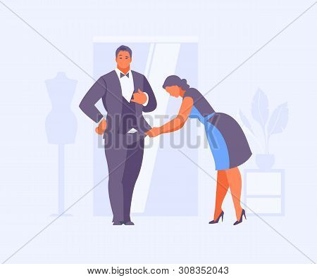Seamstress Hemming Suit Man In A Sewing Workshop. Vector Illustration