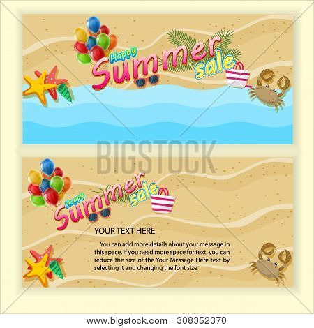 Template For Summer Sale. Top View On Summer Decoration With Realistic Objects On Beach.