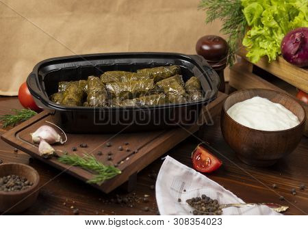 Yarpaq Dolmasi, Yaprak Sarmasi, Green Grape Leaves Stuffed With Meat Takeaway. Image