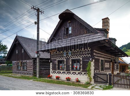 Cicmany, Slovakia - August 02, 2015: Old Wooden Houses In Slovakia Village Cicmany, Traditional Pain