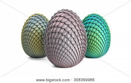 Dragon Eggs 3d Render On A Gray Background, 3 Eggs Of Unborn Dragons, Grayish, Silver-gold, Azure-gr