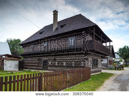 Cicmany, Slovakia - August 02, 2015: Old Wooden Houses In Slovakia Village Cicmany, Traditional Pain