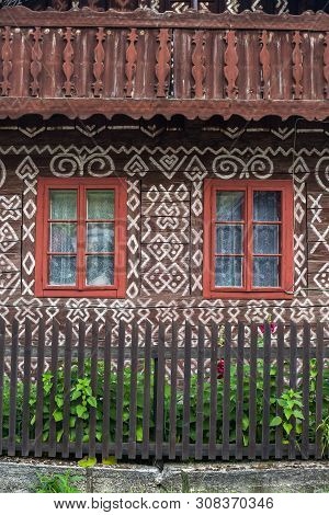 Cicmany, Slovakia - August 02, 2015: Old Wooden Houses In Slovakia Village Cicmany, Traditional Pain