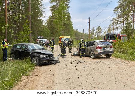 Car Accident On Country Road In The Middle Of Forest In June 20, 2019. Collision Between 2 Bmw