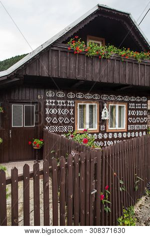 Cicmany, Slovakia - August 02, 2015: Old Wooden Houses In Slovakia Village Cicmany, Traditional Pain