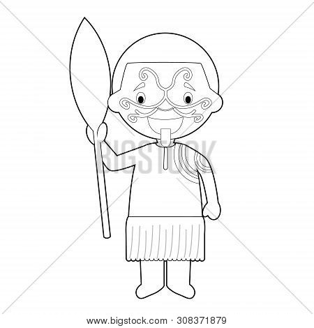 Easy Coloring Cartoon Character From New Zealand Dressed In The Traditional Way Of The Maori Tribe. 