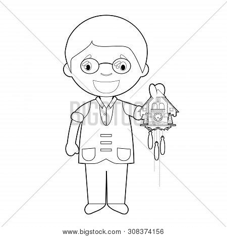Easy Coloring Watchmaker Cartoon Character From Switzerland With Cuckoo Clock. Vector Illustration.