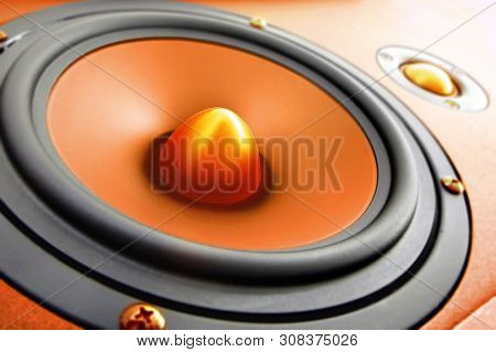 Hifi Gold And Black Loud Speaker Box In Close Up.professional Audio Equipment For Dj,musician,party.