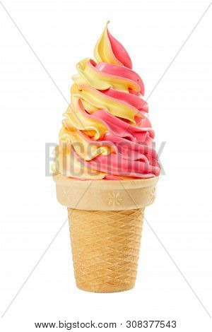 Soft Fruit Strawberry-banana Ice Cream In Waffle Cup Isolated On White Background.