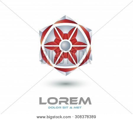 High Tech Abstract Icon - 3d Vector Red Flower Logo