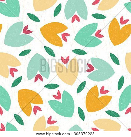 Hand Drawn Floral Seamless Pattern In Flat Style. Cute Simple Flowers Are Perfect Design For Fashion