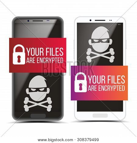 Cracking Smartphone With Pirate Malware Set . Padlock And Text On Banner And Skull Of Death On Scree