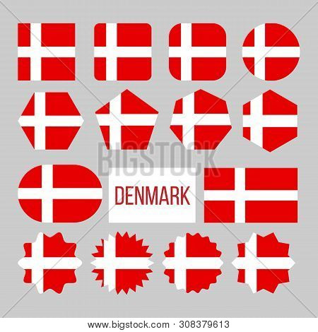 Denmark Flag Collection Figure Icons Set . On Red Field Charged Background White Nordic Cross That E