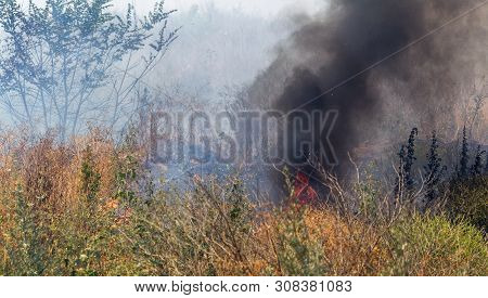 Strong Smoke In Steppe. Forest And Steppe Fires Destroy Fields And Steppes During Severe Droughts. F