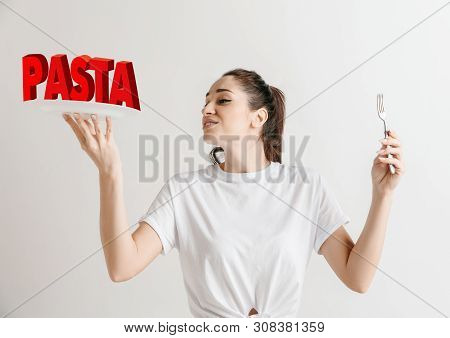 Woman In Shirt With The Folk Isolated On White. Female Model Holding A Plate With Letters Of Word Pa