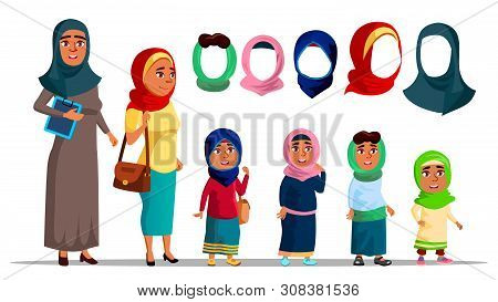 Arabian Characters Women Wearing Hijab . Religion Muslim Adult Female And Little Girl Children With 
