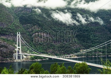 Hardanger Bridge Over Fjord Eidfjorden In Norway, Scandinavia, Hordaland County