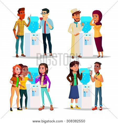 Character Water Cooler Talking Gossip Set . Young Business Man And Woman Employee Colleague Gossip A