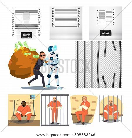 Arrested Character Criminal And Prison Set . Measure Wall For Photo Arrested People In Police Depart