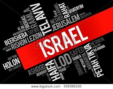 List Of Cities And Towns In Israel, Word Cloud Collage, Business And Travel Concept Background