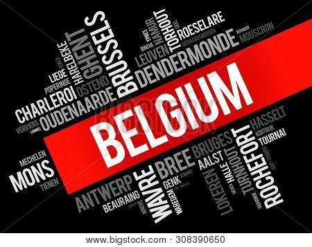 List Of Cities And Towns In Belgium, Word Cloud Collage, Business And Travel Concept Background