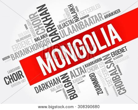 List Of Cities And Towns In Mongolia, Word Cloud Collage, Business And Travel Concept Background