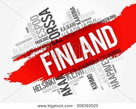 List Of Cities And Towns In Finland, Word Cloud Collage, Business And Travel Concept Background