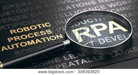 Rpa, Accronym Of Robotic Process Automation Written In Golden Letters Over Black Background With Mag