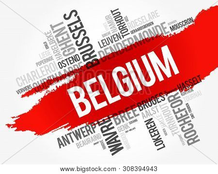 List Of Cities And Towns In Belgium, Word Cloud Collage, Business And Travel Concept Background