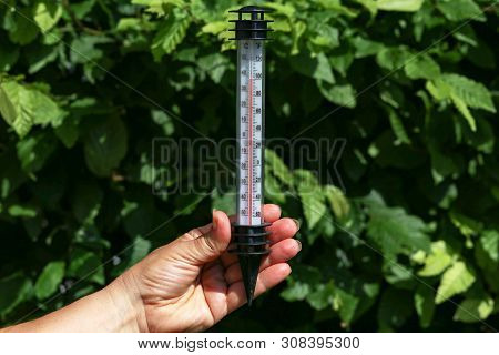 Hot Summer. Thermometer In Hand, Shows The Heat