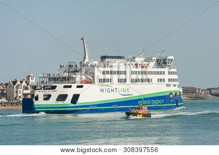 Portsmouth, Uk - April 1: Wightlink Flagship Hybrid Energy Ferry Departing The Naval Dockyard Port O
