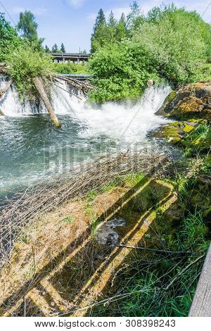 Whitewater Erupts At Tumwater Falls In Tumwater, Washington.