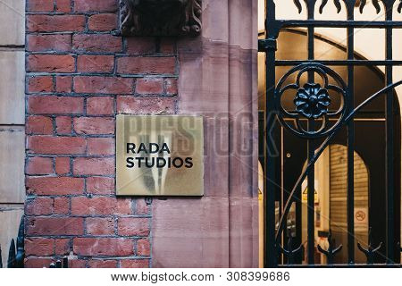 London, Uk - June 5, 2019: Sign Outside Rada Studios, A Theatrical Venue In Chenies Street, London B