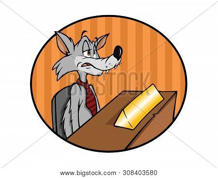 Cartoon Vector Illustration Of A Wolf Sitting At A Desk