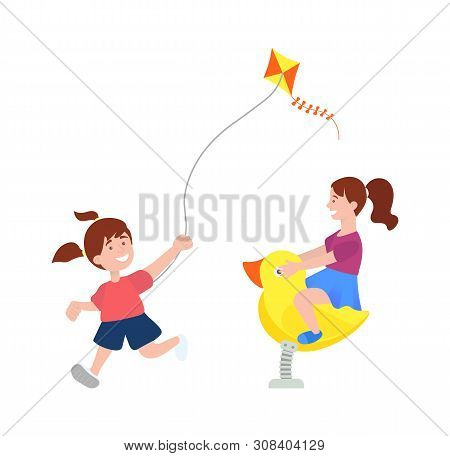 Children Playing Outdoor, Kid Running With Kite, Child Sitting On Swing Duck, Teenager Leisure Outdo
