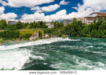 Neuhausen Am Rheinfall, Switzerland - 23 July 2019. Waterfall On The River Rhine In The City Neuhaus