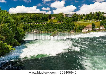 Neuhausen Am Rheinfall, Switzerland - 23 July 2019. Waterfall On The River Rhine In The City Neuhaus