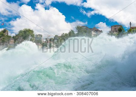 Neuhausen Am Rheinfall, Switzerland - 23 July 2019. Waterfall On The River Rhine In The City Neuhaus