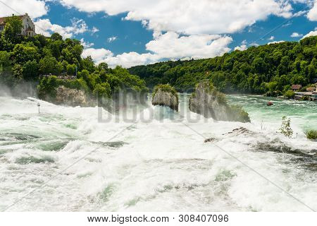 Neuhausen Am Rheinfall, Switzerland - 23 July 2019. Waterfall On The River Rhine In The City Neuhaus