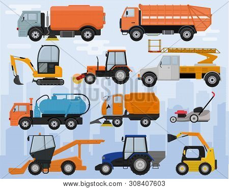 Road Cleaning Machine Vector Vehicle Truck Sweeper Cleaner Wash City Streets Illustration Set Of Exc