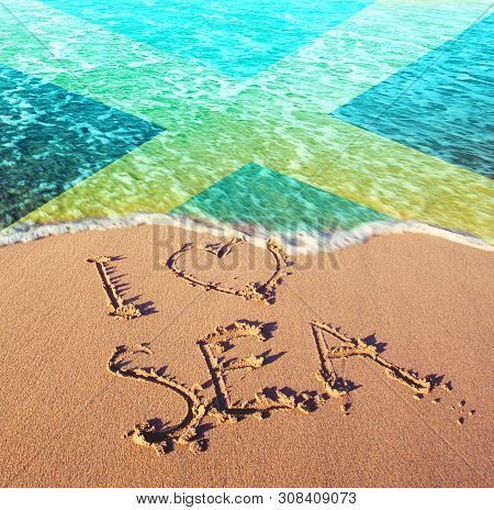 Beach Sand, Sea And Flag Jamaica. I Love Jamaica Concept