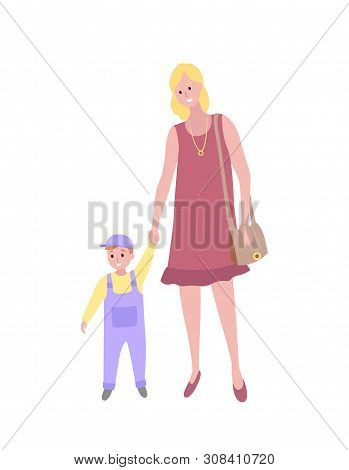 Mother And Kid Walking Vector, Isolated Woman Teaching Son To Walk. Mom And Small Child, Person With