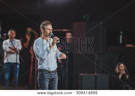 Lviv, Ukraine - June 18, 2019: Vakarchuk At Stage Talking In Microphone. Political