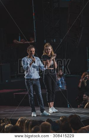 Lviv, Ukraine - June 18, 2019: Vakarchuk At Stage Talking In Microphone. Political