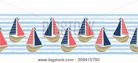 Cute Driftwood Sailboat On The Blue Ocean Sea Border Pattern. Marine Water Stripes Seamless Vector B