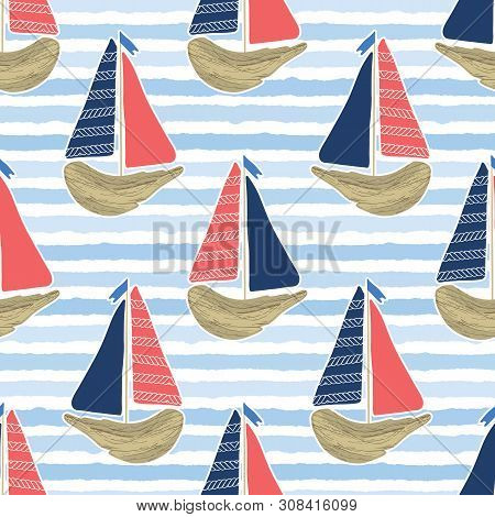 Cute Driftwood Sailboat On The Blue Ocean Sea Pattern. Marine Water Stripes Seamless Vector Backgrou