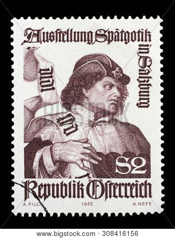 ZAGREB, CROATIA - SEPTEMBER 09, 2014: A stamp issued in the Austria shows Saint Hermes, painting by Conrad Laib, Late Gothic Exhibit in Salzburg, circa 1972.