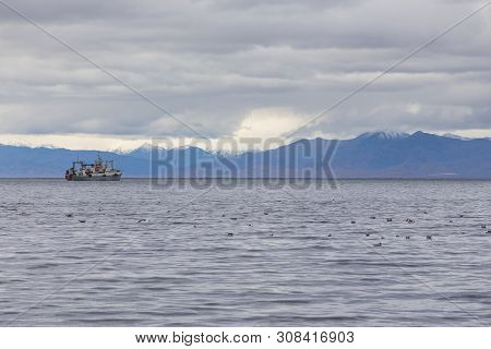 View Of The Avacha Bay. Ships Standing In The Roadstead, Mountain In The Background. Petropavlovsk-k